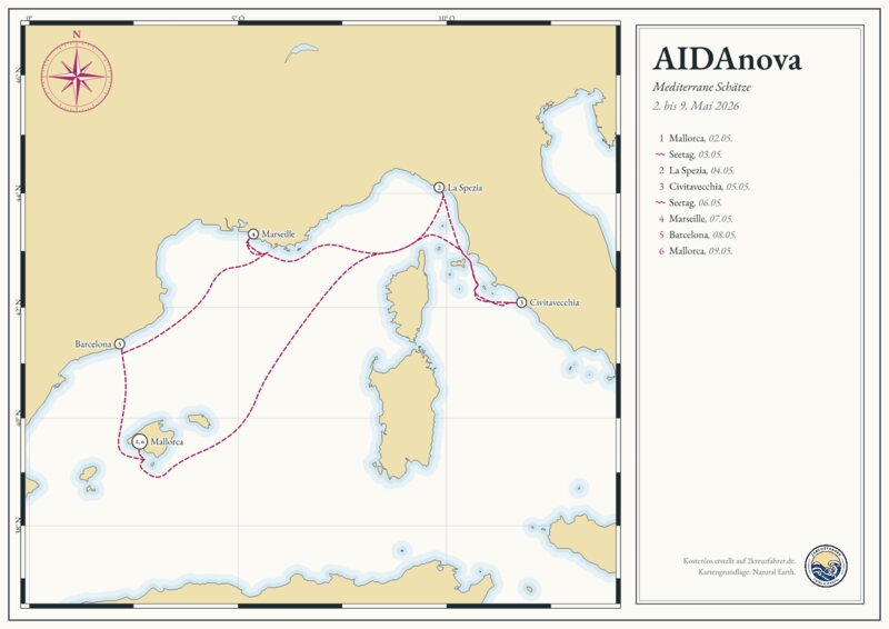 Seekarte der Reise: Mallorca, La Spezia, Civitavecchia, Marseille, Barcelona
